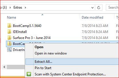 Extracting the Boot Camp drivers from the Extras folder I created.